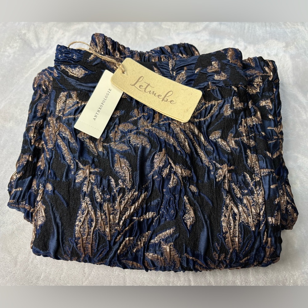 Anthropologie Navy with Gold Leaf Jacquard Wide Leg Pants Size Medium NWT - Picture 16 of 16